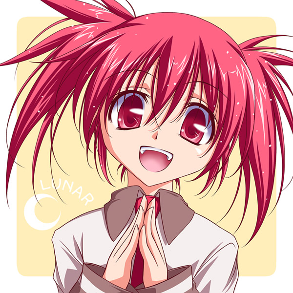 kikuchi tsutomu, edomae lunar, seto no hanayome, 00s, 1girl, crescent moon, female focus, moon, open mouth, pink eyes, pink hair, red eyes, red hair, short hair, smile, solo, twintails