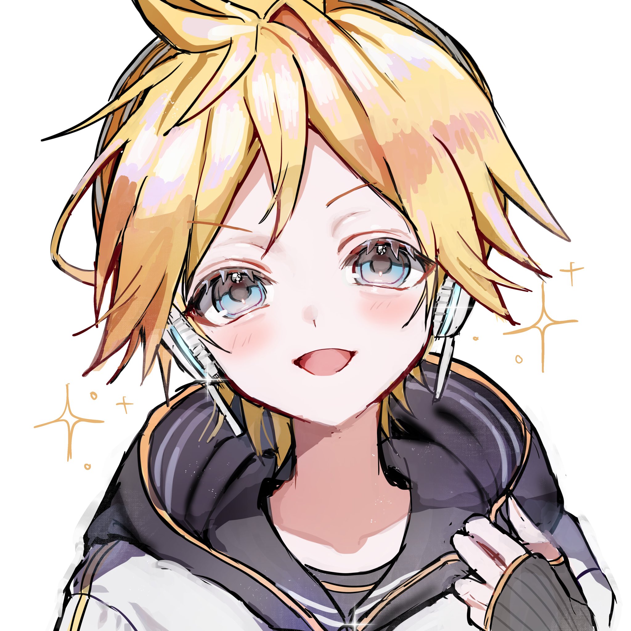 kagamine len, piapro studio, vocaloid, highres, 1boy, black sailor collar, blonde hair, blue eyes, blush, hand up, headphones, hood, hoodie, jacket, kagamine len (nt), len 02 1227, looking at viewer, male focus, open mouth, portrait, sailor collar, short hair, simple background, sleeves past wrists, smile, solo, sparkle, spiked hair, upper body, white background