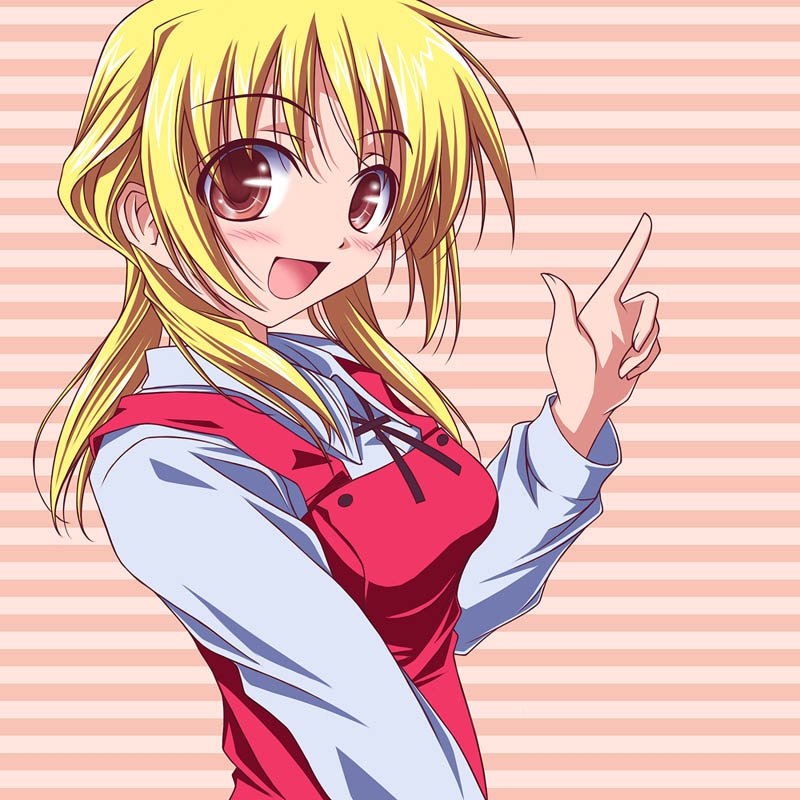 kikuchi tsutomu, miyako (hidamari sketch), hidamari sketch, striped, 00s, 1girl, blonde hair, blush, brown eyes, female focus, pointing, school uniform, serafuku, solo, yamabuki high school uniform