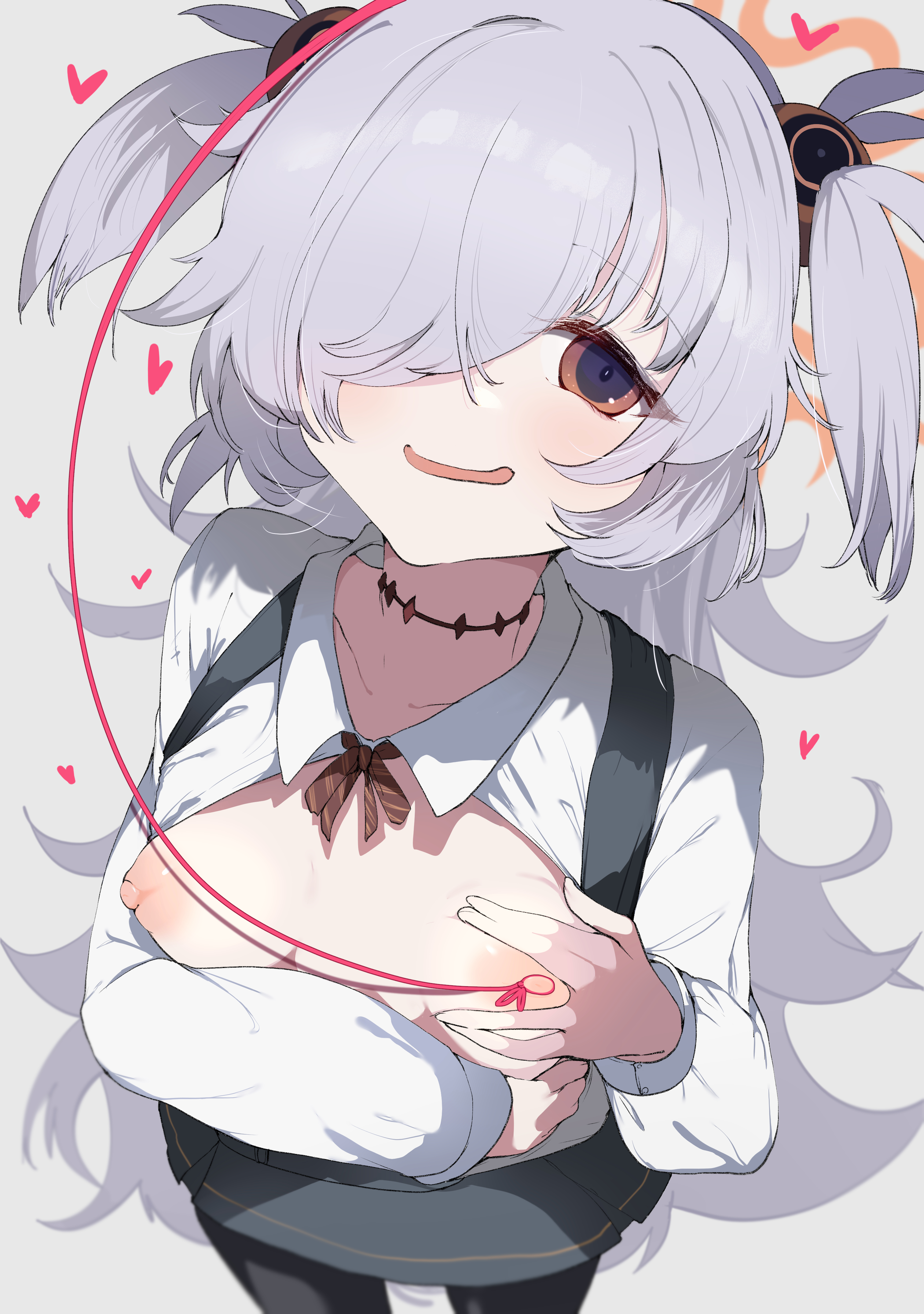kawa mura, kanoe (blue archive), blue archive, absurdres, highres, 1girl, black pantyhose, blush, breasts, breasts out, brown eyes, choker, collared shirt, dress, grey dress, hair ornament, halo, long hair, long sleeves, looking at viewer, neck ribbon, nipples, open clothes, open mouth, pantyhose, ribbon, shirt, small breasts, smile, solo, string, two side up, white hair, white shirt