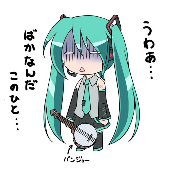 kikuchi tsutomu, hatsune miku, vocaloid, banjo, chibi, green hair, instrument, long hair, solo, thighhighs, twintails