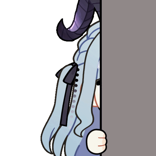 chunye haruya, togawa sakiko, arknights, bang dream!, bang dream! it's mygo!!!!!, animated, animated gif, lowres, 1girl, black horns, black ribbon, blue hair, blunt bangs, blush stickers, bright pupils, chibi, chibi only, closed mouth, curled horns, hair ribbon, hand up, horns, long hair, looking at viewer, peeking out, ribbon, sidelocks, simple background, solo, togawa sakiko (master of melodia), transparent background, upper body, white pupils, yellow eyes