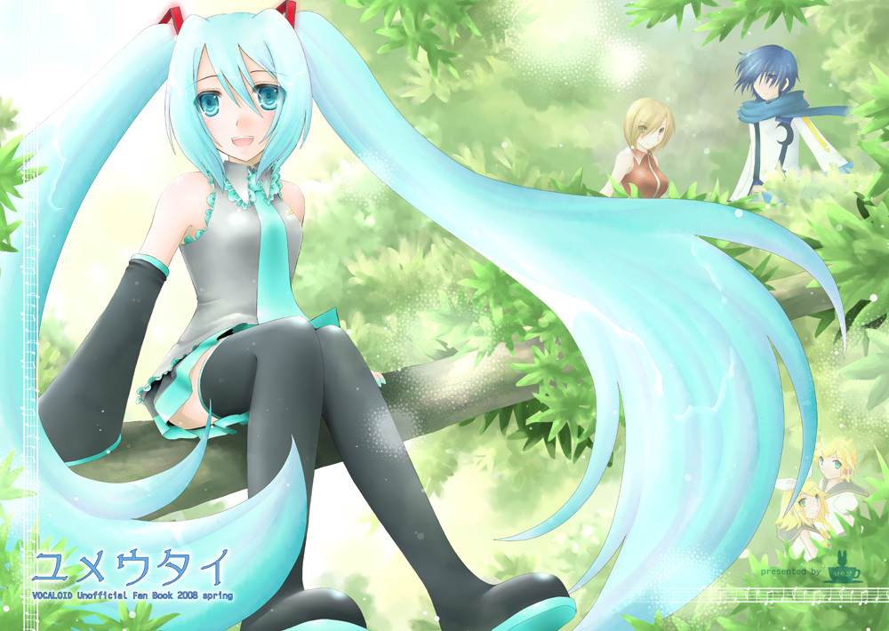 minyo, hatsune miku, kagamine len, kagamine rin, kaito (vocaloid), meiko (vocaloid), vocaloid, black legwear, 2boys, 3girls, aqua eyes, aqua hair, black skirt, blonde hair, blue hair, boots, bush, coat, collared shirt, detached sleeves, headgear, in tree, long hair, long sleeves, looking at viewer, multiple boys, multiple girls, necktie, outdoors, plant, pleated skirt, scarf, shirt, short hair, sitting, sitting in tree, skirt, sleeveless, sleeveless shirt, thigh boots, thighhighs, tree, twintails, very long hair, zettai ryouiki
