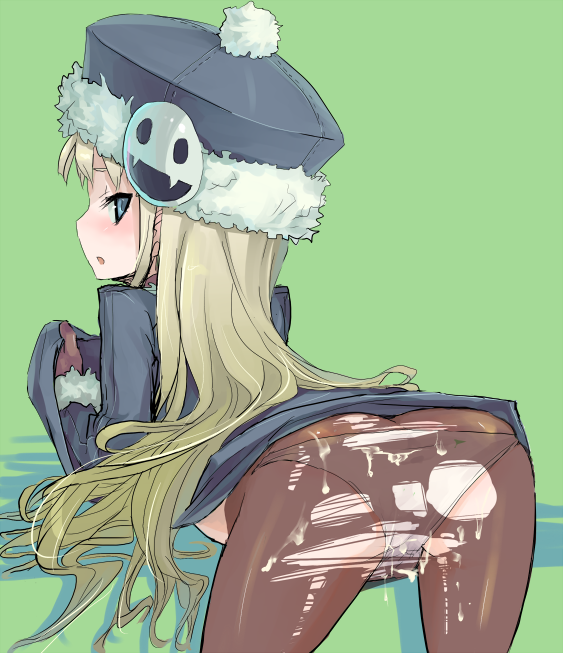 ume (datsuryokugen), gunner (sekaiju), gunner 2 (sekaiju), jack frost (megami tensei), atlus, etrian odyssey, sekaiju no meikyuu, sekaiju no meikyuu 2, bad id, bad pixiv id, 1girl, ass, bent over, blonde hair, cum, female focus, green background, hat, loli, long hair, panties, pantyhose, solo, torn clothes, torn pantyhose, underwear