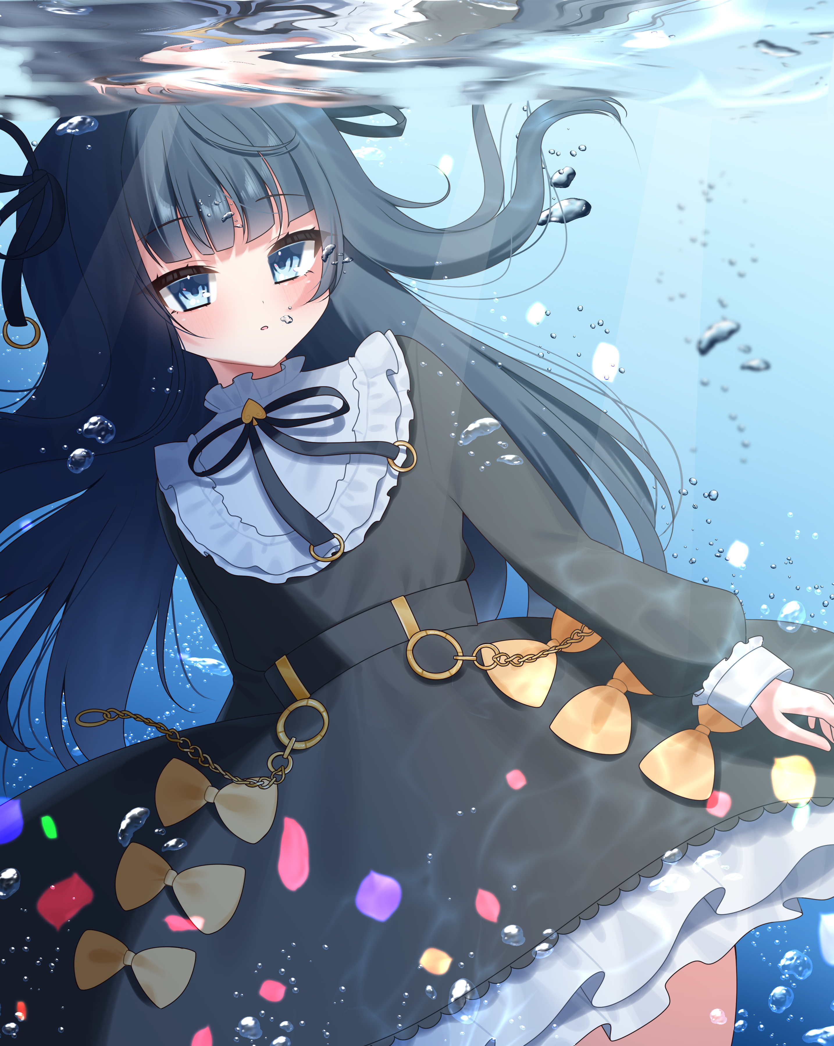 tairitsu (arcaea), tairitsu (axium) (arcaea), arcaea, absurdres, highres, 1girl, black dress, black hair, black ribbon, blue eyes, bow, dress, flower, frilled dress, frilled shirt collar, frills, hair intakes, hair ribbon, jewelry, long hair, long sidelocks, long sleeves, mayoyoriketyaha, pink flower, pink rose, print dress, ribbon, ring, rose, sidelocks, solo, spade (shape), underwater, very long hair, water, yellow bow