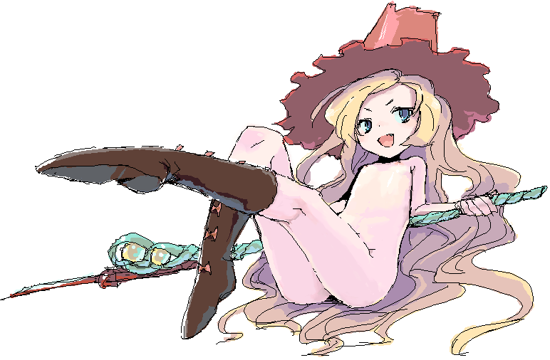 ume (datsuryokugen), doctor magus, doctor magus 4, etrian odyssey, sekaiju no meikyuu, sekaiju no meikyuu 2, toe-point, 1girl, :d, blonde hair, blue eyes, blush, boots, bow, fang, female focus, flat chest, foreshortening, full body, gem, hat, holding, knee boots, kneepits, legs, loli, long hair, looking at viewer, naughty face, nipples, nude, oekaki, open mouth, reclining, simple background, sitting, smile, solo, staff, swept bangs, very long hair, wavy hair