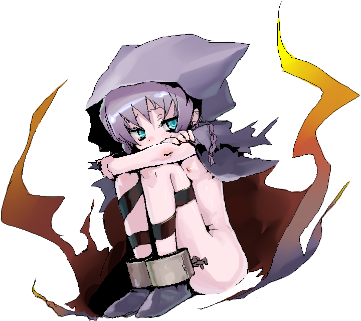 ume (datsuryokugen), curse maker, curse maker 2, atlus, etrian odyssey, 1girl, animal hood, cape, cat hood, chain, female focus, flat chest, hood, knees to chest, naked cape, nipples, nude, solo