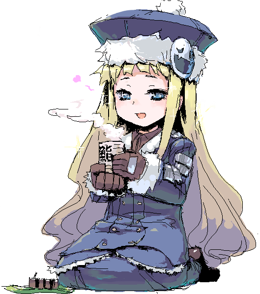 ume (datsuryokugen), gunner (sekaiju), gunner 2 (sekaiju), jack frost (megami tensei), atlus, etrian odyssey, 1girl, blonde hair, blue eyes, female focus, hat, long hair, oekaki, sitting, solo, tea