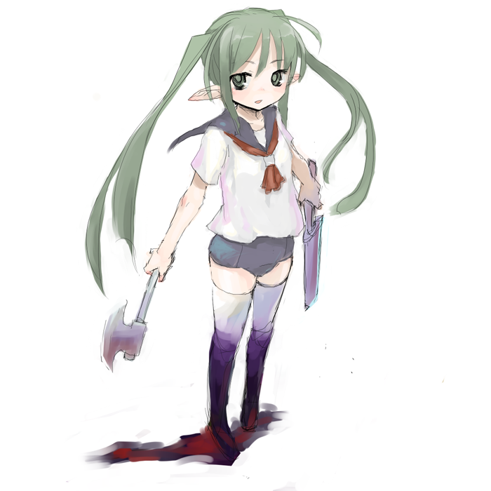 ume (datsuryokugen), original, bad id, bad pixiv id, 1girl, axe, female focus, green eyes, green hair, matching hair/eyes, no pants, one-piece swimsuit, pointy ears, school swimsuit, school uniform, serafuku, solo, swimsuit, swimsuit under clothes, thighhighs, twintails, weapon
