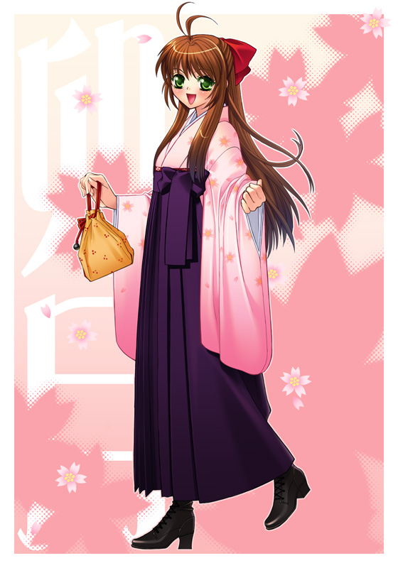 hyougo kikusuimaru, tagme, ahoge, brown hair, green eyes, japanese clothes, long hair, solo