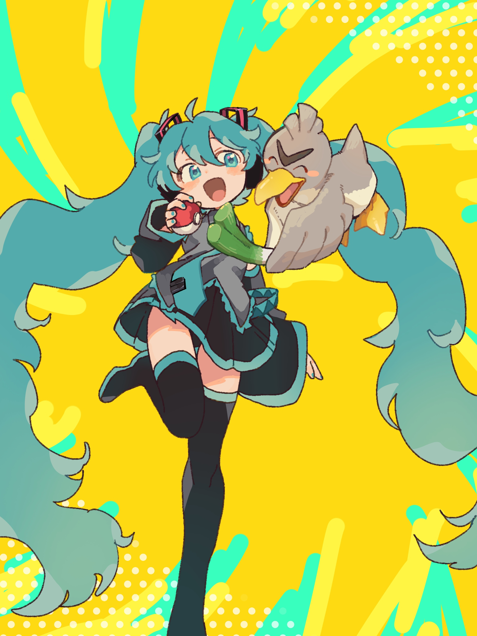 fukomo, farfetch'd, hatsune miku, pokemon, project voltage, vocaloid, aqua eyes, aqua hair, aqua necktie, gen 1 pokemon, headset, necktie, pokemon (creature), twintails