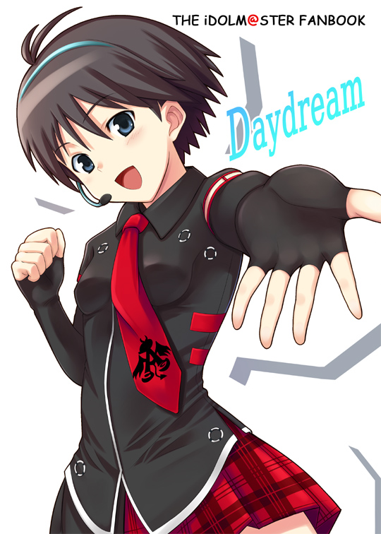 kisugi, kisugi akira, kikuchi makoto, idolmaster, idolmaster (classic), 00s, antenna hair, blue eyes, brown hair, fingerless gloves, foreshortening, gloves, headset, microphone, necktie, outstretched arm, outstretched hand, plaid clothes, plaid skirt, punkish gothic, reaching, short hair, skirt, solo