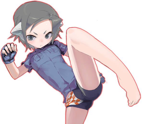 ume (datsuryokugen), bad id, bad pixiv id, 1girl, animal ears, barefoot, bike shorts, feet, female focus, fingerless gloves, gloves, high kick, kicking, robot ears, solo