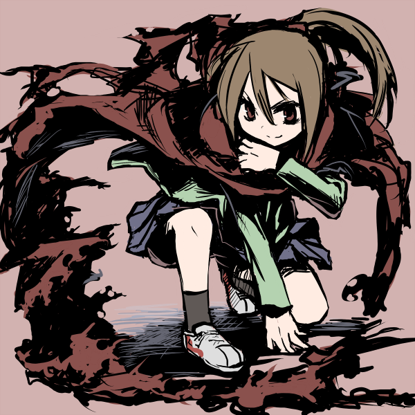 ume (datsuryokugen), asahina samidare, hoshi no samidare, 1girl, brown eyes, brown hair, cape, female focus, ponytail, red cape, school uniform, serafuku, socks, solo