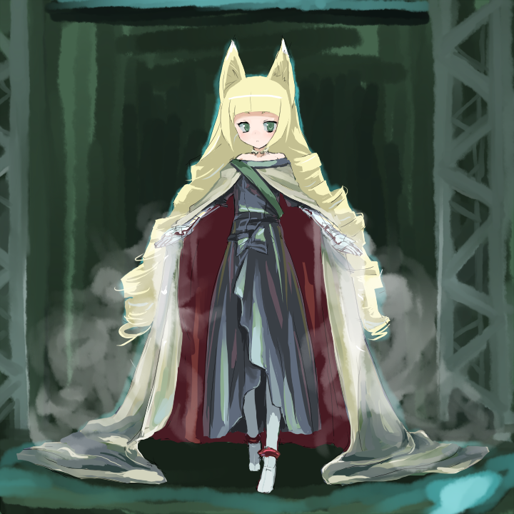 ume (datsuryokugen), original, bad id, bad pixiv id, 1girl, animal ears, blonde hair, cape, dress, drill hair, female focus, long hair, solo