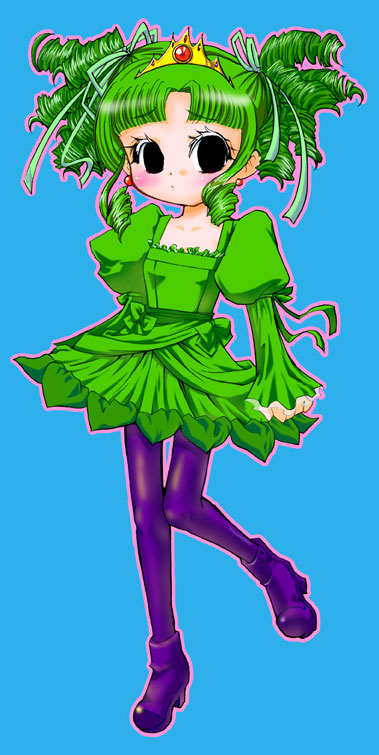 souno tasuku, the prince, katamari damacy, 1girl, female focus, genderswap, genderswap (mtf), green hair, pantyhose, princess, simple background, solo