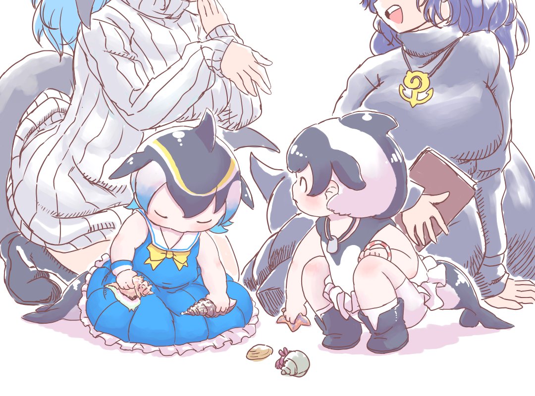 maki (02uh14l1b740ao2), blue whale (kemono friends), common dolphin (kemono friends), pacific white-sided dolphin (kemono friends), kemono friends, 4girls, aged down, anchor necklace, anchor pendant, black hair, black sweater, blowhole, blue eyes, blue hair, blue pantyhose, blush, bow, bowtie, cetacean tail, curvy, dolphin girl, dorsal fin, dress, fins, fish tail, frilled dress, frills, fur hat, grey bow, grey bowtie, grey dress, grey hair, hair between eyes, hat, head fins, holding seashell, japari symbol, jewelry, long hair, long sleeves, looking at viewer, multicolored hair, multiple girls, necklace, pantyhose, sailor dress, short sleeves, sidelocks, sitting, smile, sperm whale (kemono friends), sweater, tail, turtleneck, turtleneck sweater, whale girl, white dress, white hair