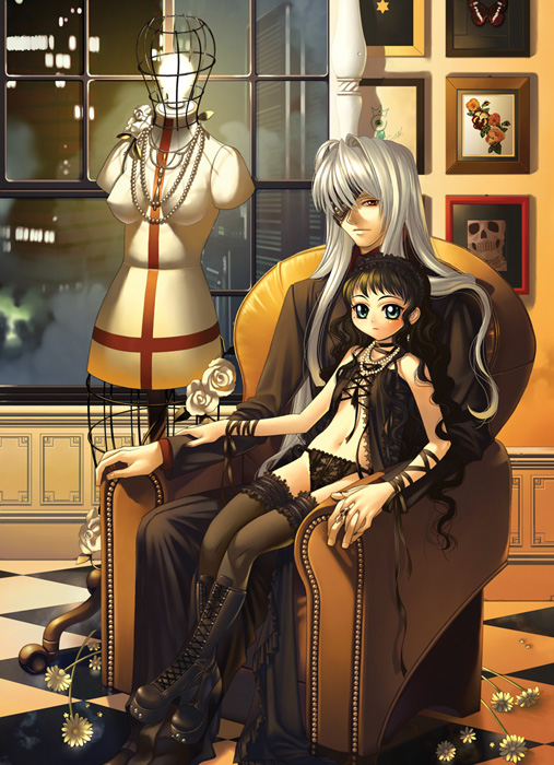 hyougo kikusuimaru, silver hair, bad id, bad pixiv id, age difference, black hair, boots, eyepatch, flower, goth fashion, gothic lolita, green eyes, indoors, jewelry, lingerie, lolita fashion, long hair, mannequin, necklace, panties, red eyes, room, sitting, sitting on lap, sitting on person, skull, thighhighs, underwear
