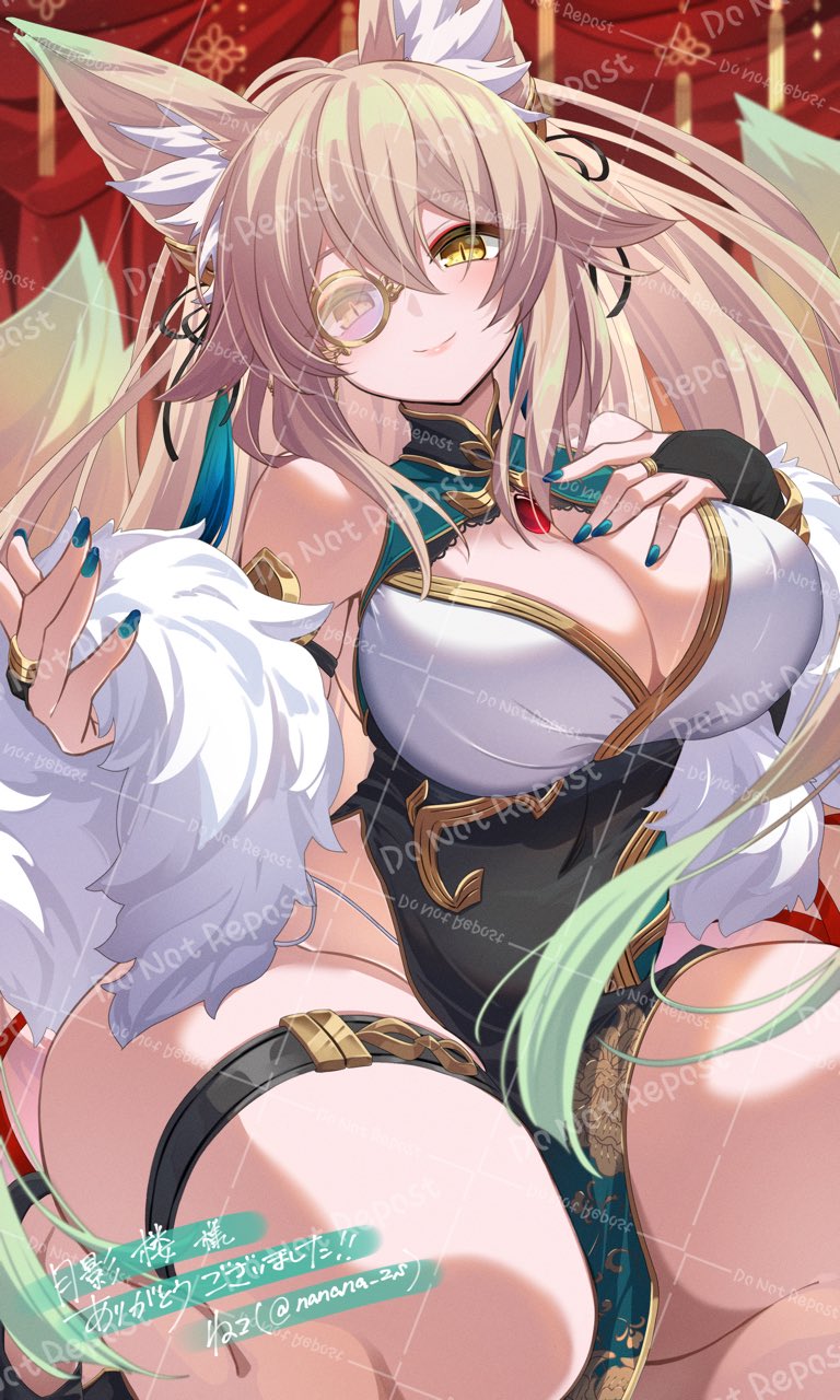 pochi-a, suirin (tukikagerou), original, commentary request, commission, highres, skeb commission, 1girl, animal ear fluff, animal ears, bare shoulders, blonde hair, blue nails, blush, breasts, cleavage, closed mouth, commissioner name, dress, fox ears, fox girl, fox tail, green dress, hair between eyes, hand on own chest, hands up, large breasts, long hair, looking at viewer, monocle, multiple tails, nail polish, pelvic curtain, solo, tail, thank you, thigh strap, thighs, twitter username, watermark, yellow eyes