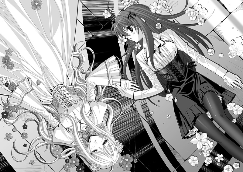 hyougo kikusuimaru, 2girls, corset, dress, greyscale, holding hands, looking at another, lying, monochrome, multiple girls, pantyhose, rotational symmetry, sleeping, upside-down