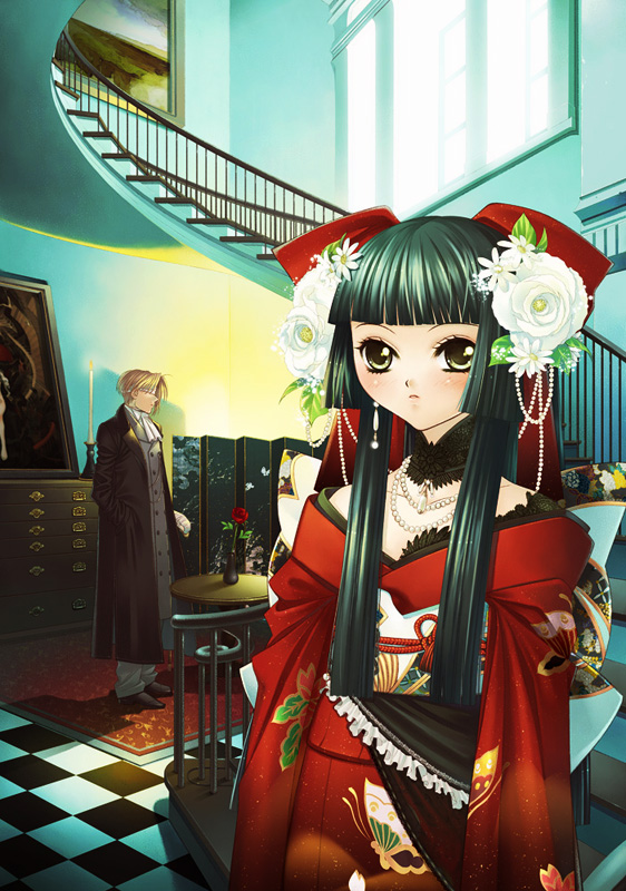 hyougo kikusuimaru, blonde hair, choker, flower, green hair, hair ornament, japanese clothes, jewelry, lace, long hair, necklace, room, solo, stairs, table, vase