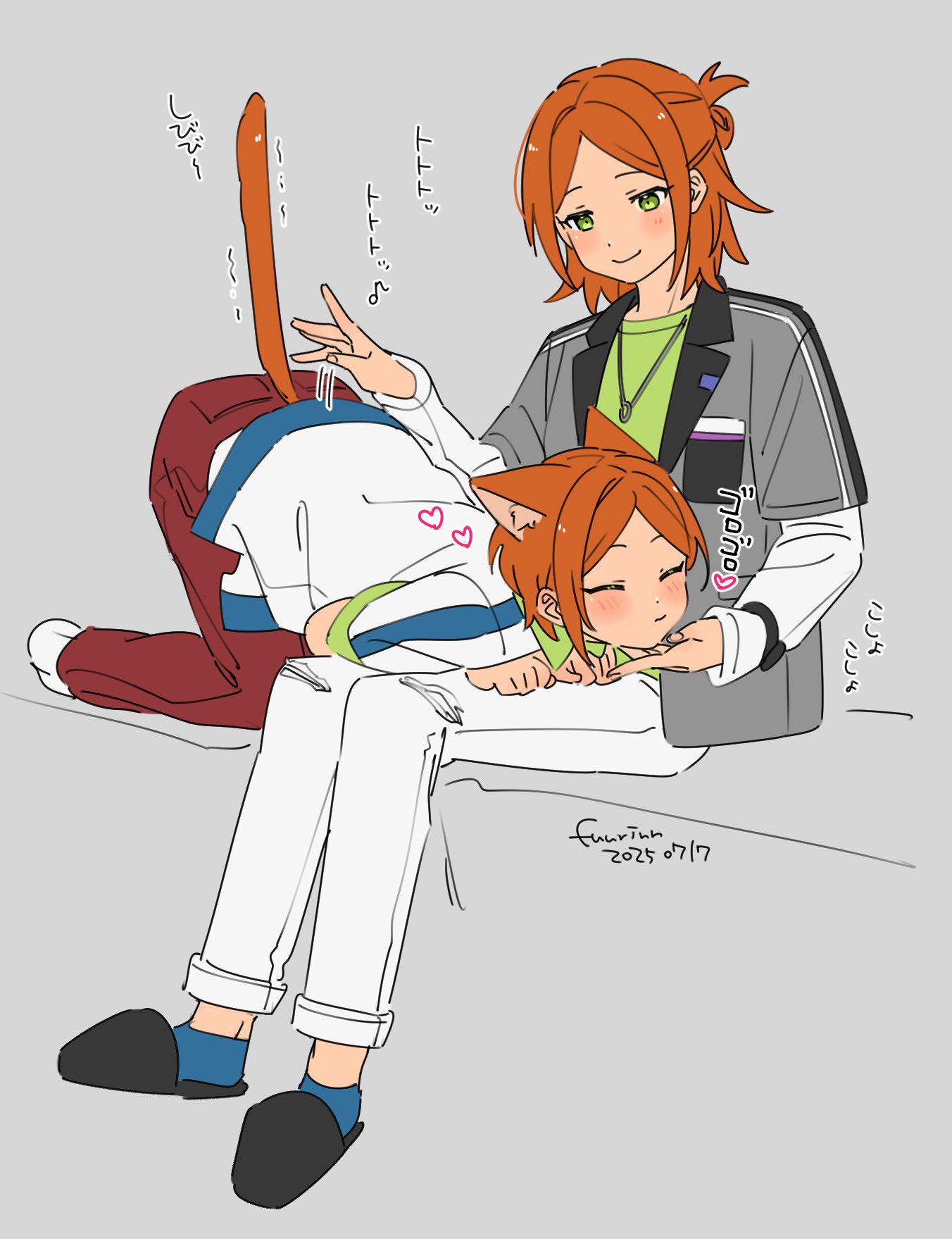 fuurin (sior fr), aoi hinata, aoi yuta, ensemble stars!, highres, 2boys, 2wink (ensemble stars!), all fours, animal ears, brothers, cat boy, cat ears, cat tail, green eyes, grey background, grey shirt, half updo, hands on lap, jewelry, kemonomimi mode, lapels, layered sleeves, long sleeves, male focus, multiple boys, necklace, orange hair, pants, parted bangs, red pants, shirt, short hair, short over long sleeves, short sleeves, siblings, simple background, sitting, slippers, smile, tail, twins, undershirt, white pants, white shirt