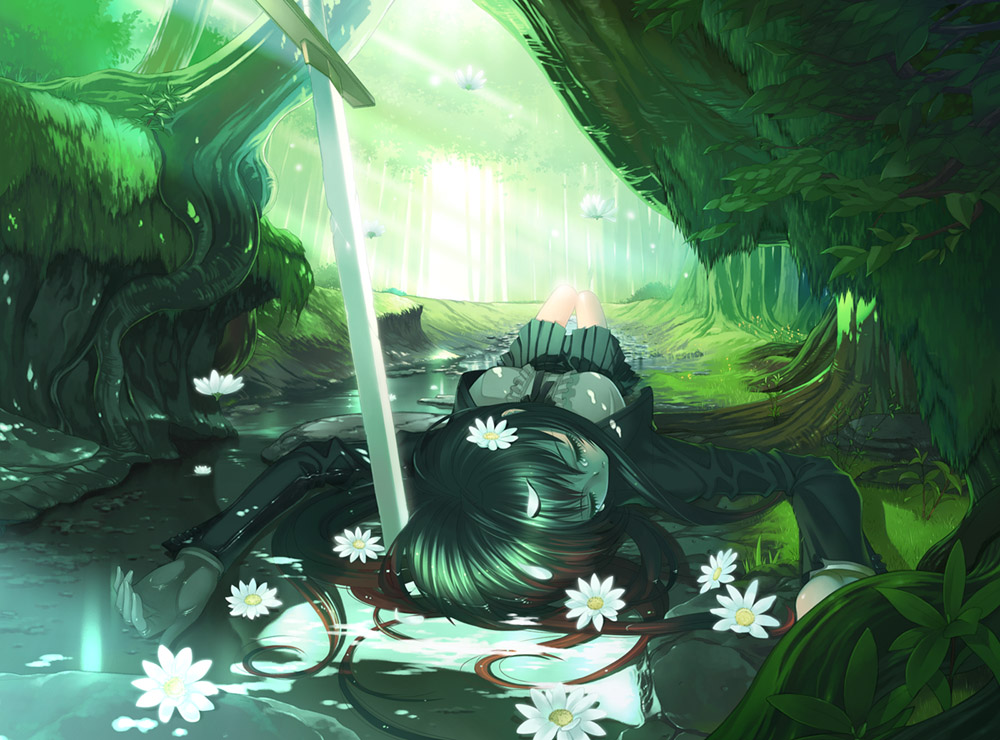 hyougo kikusuimaru, 1girl, blood, female focus, flower, forest, lying, nature, outdoors, partially submerged, perspective, petals, scenery, school uniform, serafuku, sleeping, solo, stream, sunlight, sword, tears, tree, water, weapon