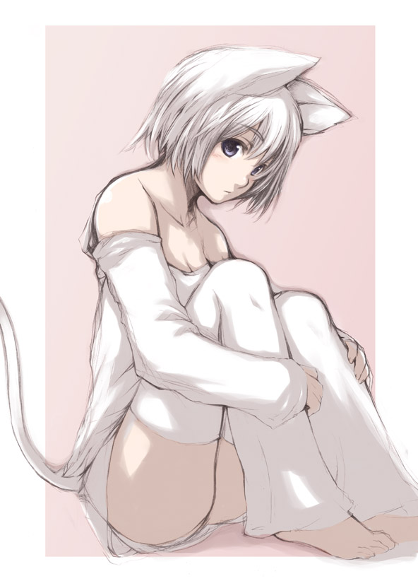 fujishima, fujishima (raving phantom), 1girl, animal ears, barefoot, cat ears, cat tail, female focus, sketch, solo, tail, thighhighs
