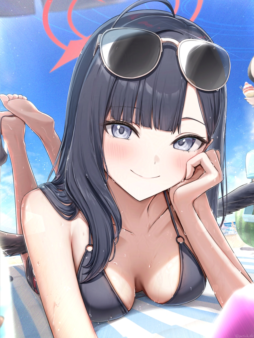 particle sfs, ichika (blue archive), ichika (swimsuit) (blue archive), blue archive, 1girl, bare shoulders, barefoot, bikini, black bikini, black hair, black shorts, black wings, blue eyes, blush, breasts, eyewear on head, feathered wings, halo, long hair, looking at viewer, lying, medium breasts, on stomach, shorts, smile, solo, sunglasses, swimsuit, wings