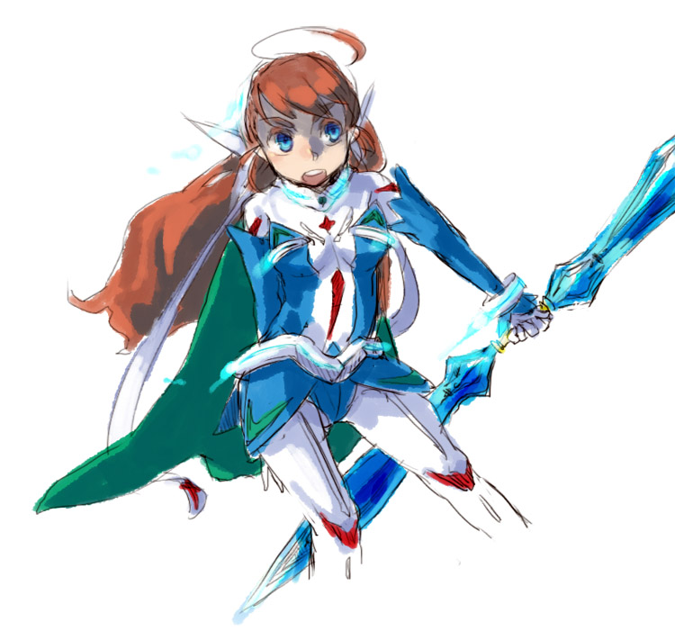 takishima asaka, arika yumemiya, my-otome, 00s, 1girl, ahoge, blue eyes, bodysuit, cape, female focus, hair ribbon, long hair, open mouth, red hair, ribbon, simple background, sketch, solo, weapon