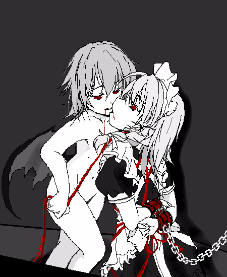 izayoi sakuya, remilia scarlet, touhou, 2girls, bat wings, bdsm, blood, bondage, bound, chain, completely nude, cuffs, eye contact, female focus, femdom, leash, loli, looking at another, maid, monochrome, multiple girls, navel, nude, oekaki, short hair, spot color, wings, yuri