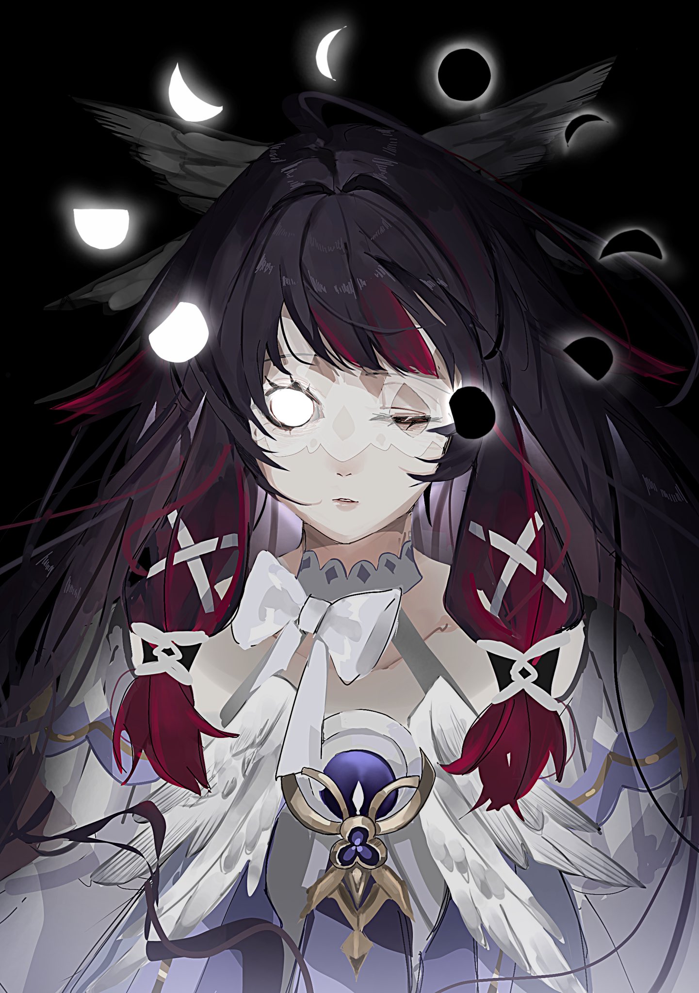 mofu163, columbina (genshin impact), genshin impact, highres, 1girl, black background, black hair, bow, dress, feathered wings, glowing, glowing eye, head wings, long hair, moon, moon phases, multicolored hair, one eye closed, pink hair, sidelocks, solo, two-tone hair, upper body, white bow, white eyes, white wings, wings