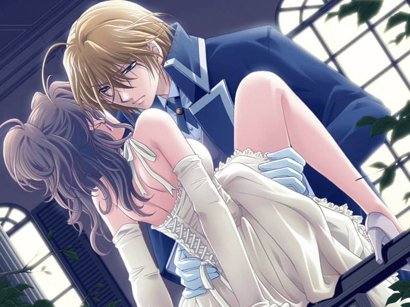 butlers, character request, game cg, source request, 10s, 1boy, 1girl, back, balcony, bare shoulders, blonde hair, brown hair, clothed sex, couple, dress, halterneck, hetero, heterochromia, high heels, night, outdoors, sex, shoes, white dress