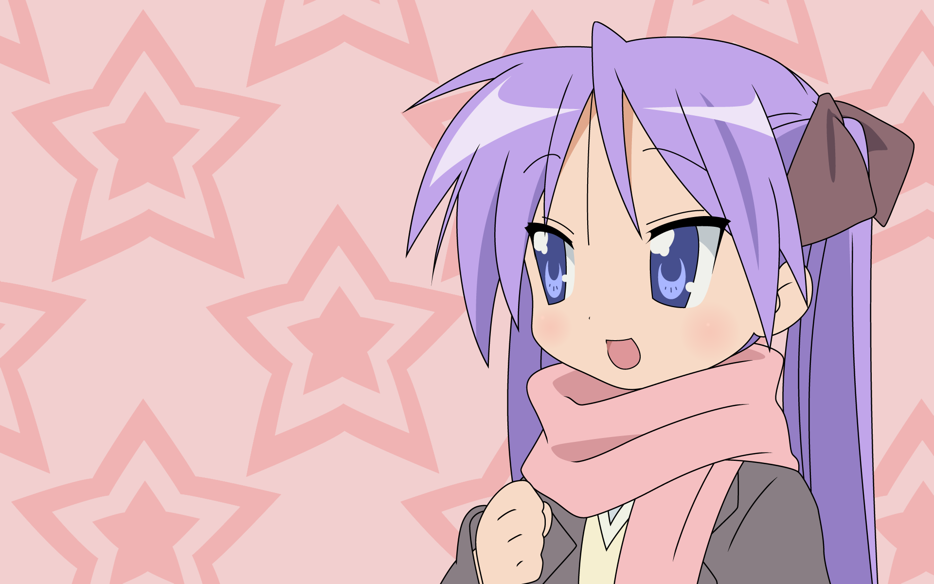 hiiragi kagami, lucky star, highres, 00s, purple eyes, purple hair, scarf, twintails