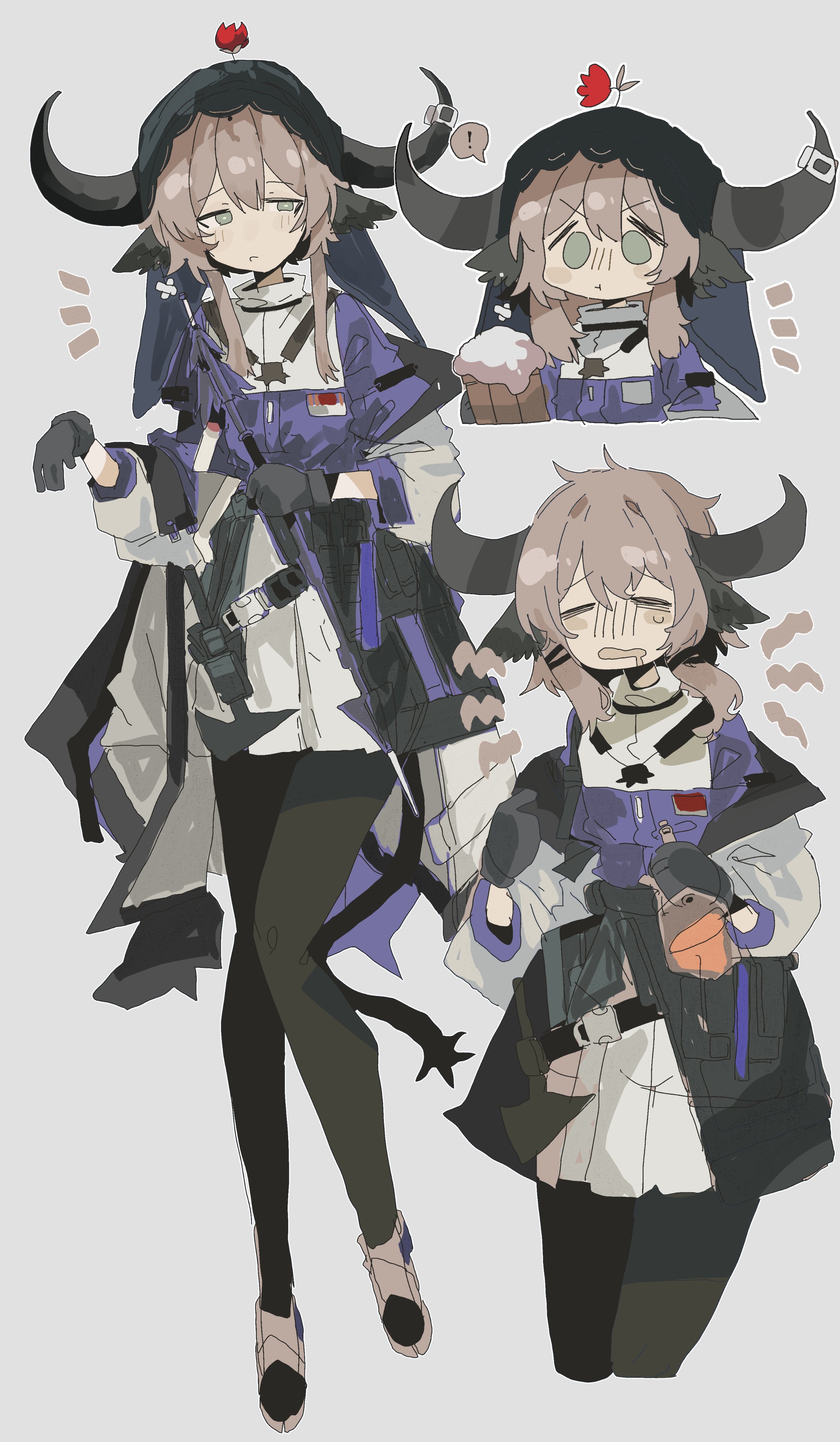 odmised, pallas (arknights), arknights, absurdres, highres, 1girl, alcohol, animal ears, beer, black gloves, black pantyhose, brown hair, cow ears, cow girl, cow horns, cow tail, cup, detached hood, flower, flower on head, gloves, green eyes, hair between eyes, holding, holding cup, horns, long hair, looking at viewer, multiple views, pantyhose, purple shirt, red flower, red rose, rose, shirt, short hair with long locks, simple background, skirt, tail, tankard, white background