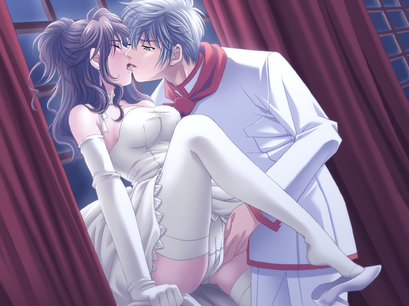 butlers, game cg, 10s, 1boy, 1girl, against glass, bride, brown hair, choker, clothes lift, dress, dress lift, elbow gloves, feet, fingering, gloves, grey eyes, hetero, high heels, kiss, night, panties, shoe dangle, shoes, thighhighs, underwear, wedding dress, white dress, white panties, window, zettai ryouiki