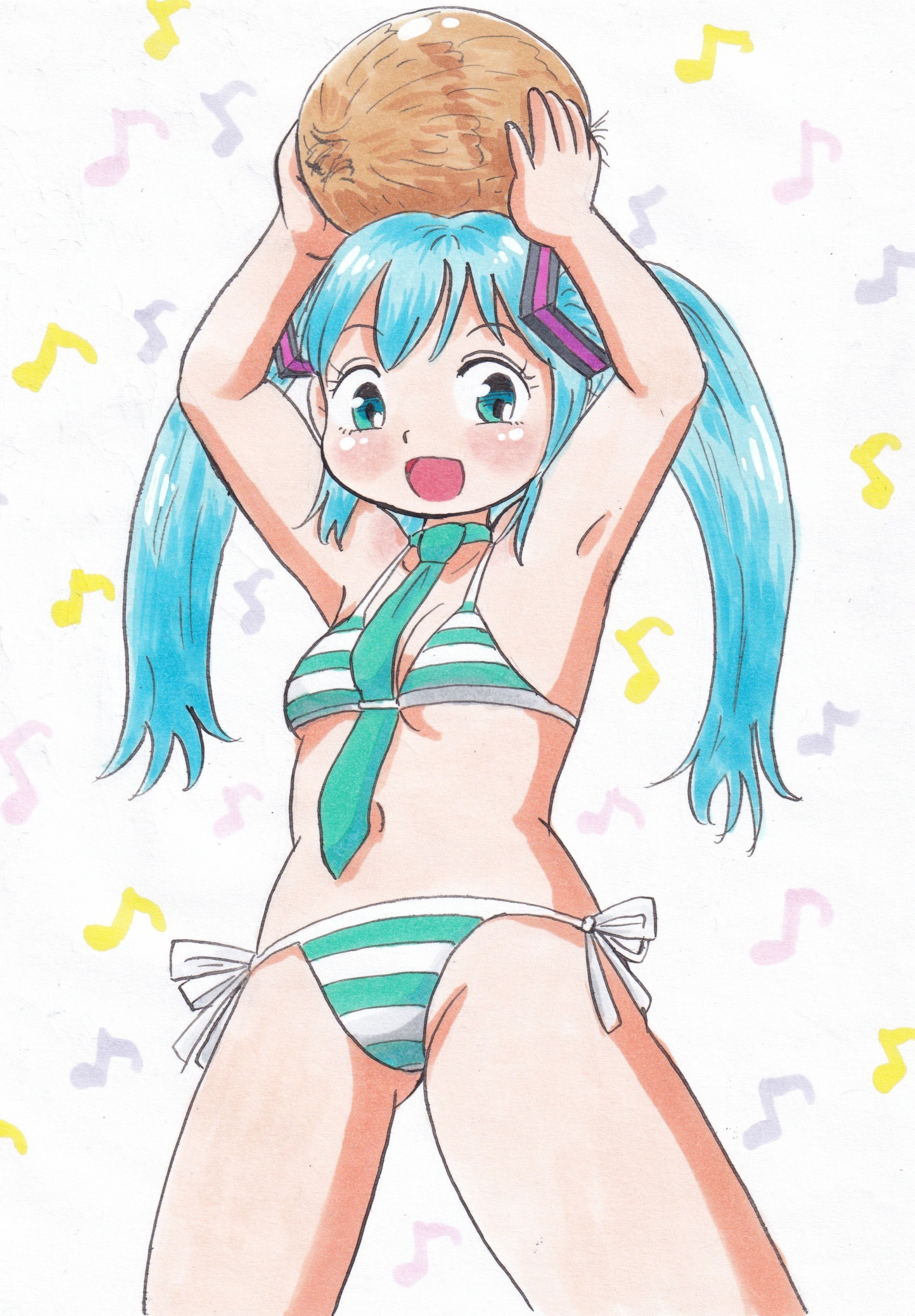 marup, hatsune miku, vocaloid, traditional media, 1girl, aqua bikini, aqua eyes, aqua necktie, arms up, bikini, blue hair, blush, breasts, coconut, collarbone, food, hair ornament, holding, holding food, long hair, looking at viewer, musical note, musical note background, navel, necktie, open mouth, side-tie bikini bottom, small breasts, smile, standing, striped bikini, striped clothes, swimsuit, twintails, white background