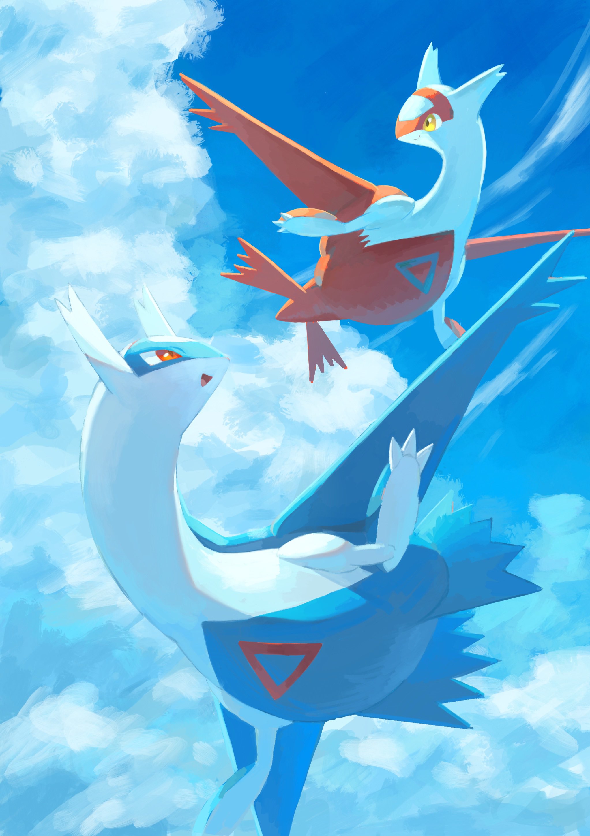 keruasu0629, latias, latios, nintendo, pokemon, absurdres, highres, blue sky, claws, closed mouth, cloud, day, dragon, flying, full body, gen 3 pokemon, legendary pokemon, no humans, open mouth, outdoors, pokemon (creature), pokemon focus, red eyes, sky, smile, wings, yellow eyes