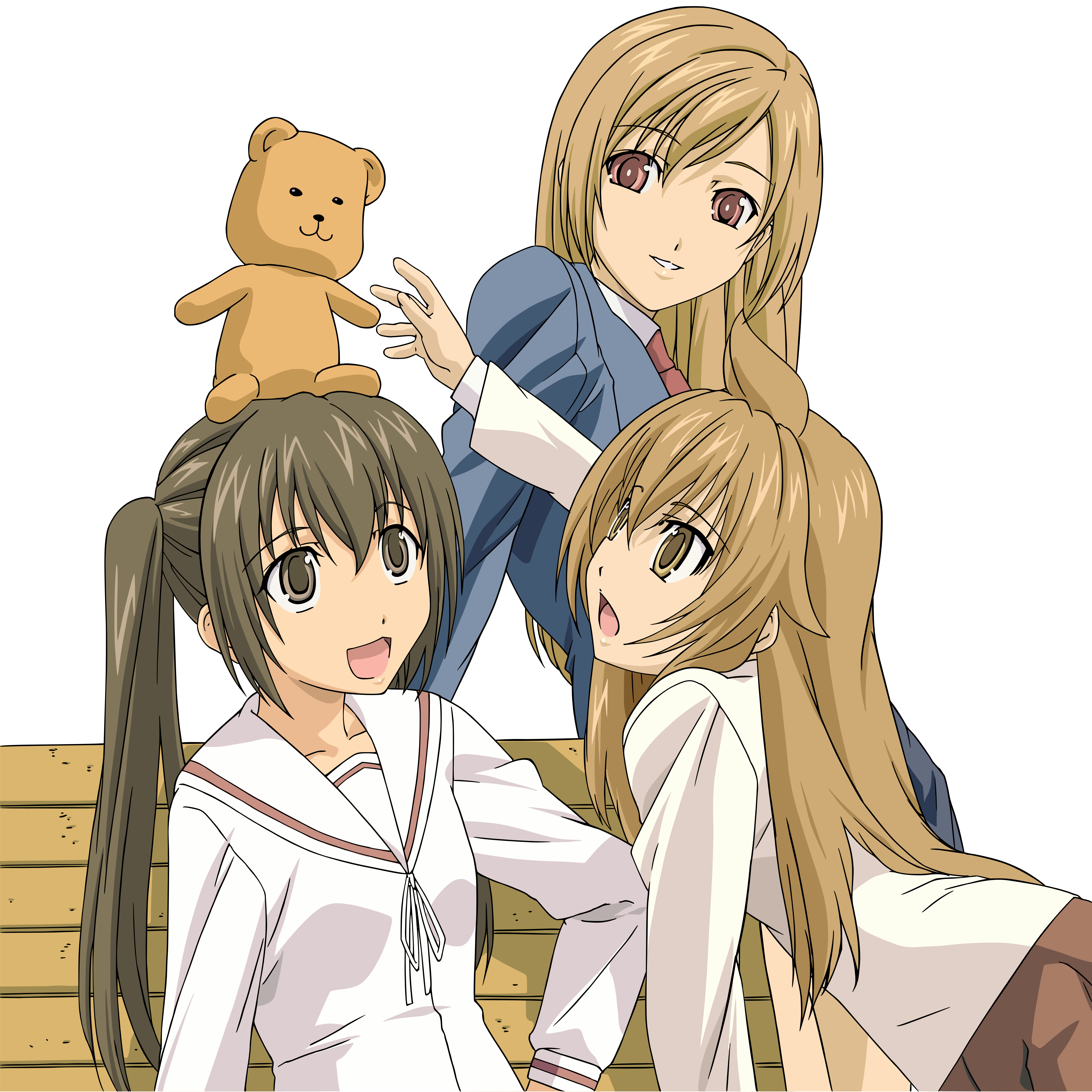 fujioka-kuma (minami-ke), minami chiaki, minami haruka, minami kana, minami-ke, absurdres, derivative work, highres, vector trace, 00s, ahoge, brown eyes, brown hair, transparent background