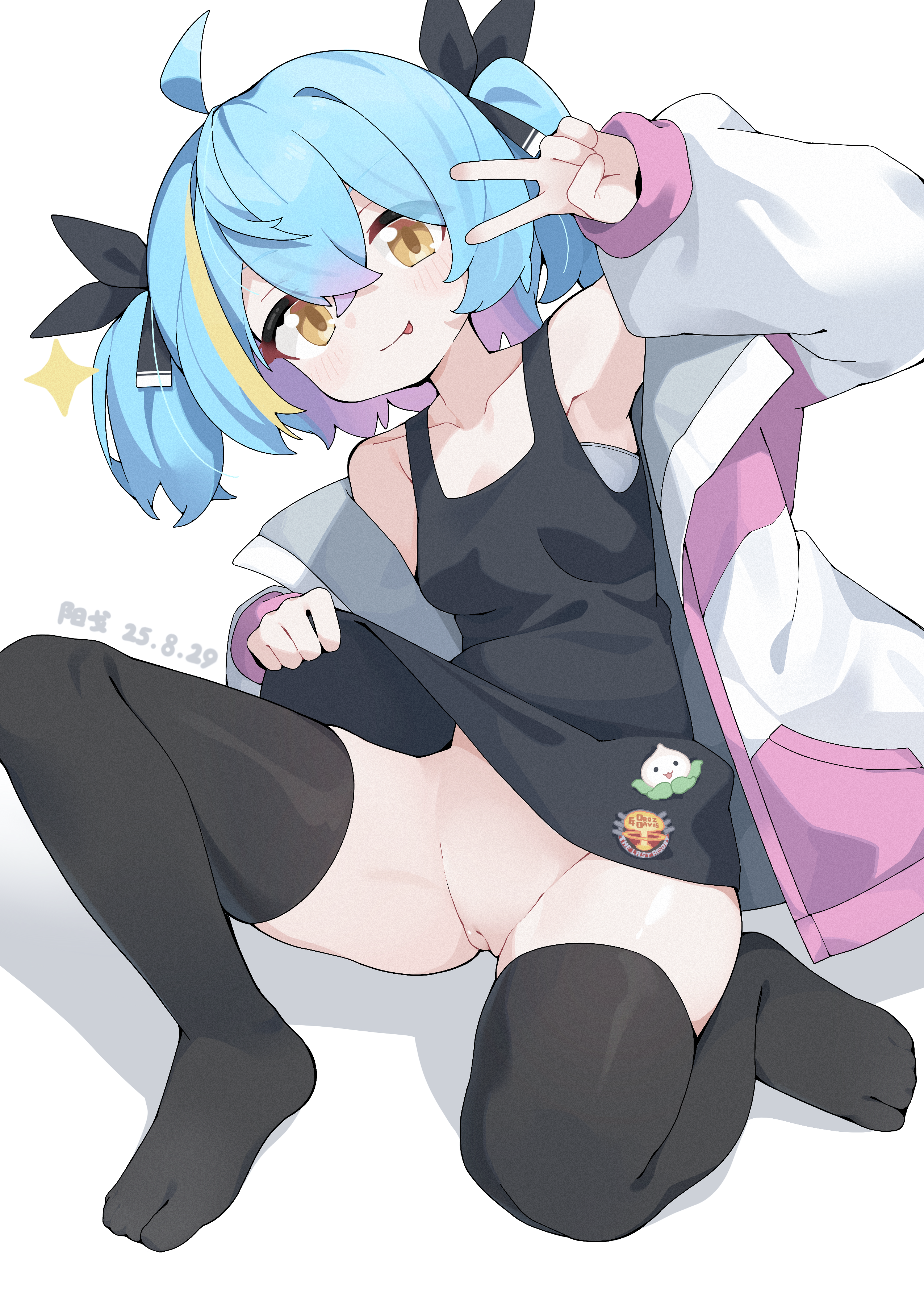 mofftarkin, original, absurdres, chinese commentary, highres, 1girl, black thighhighs, blue hair, cleft of venus, dated, jacket, multicolored hair, no panties, pussy, solo, thighhighs, tongue, tongue out, uncensored, v, white background, yellow eyes