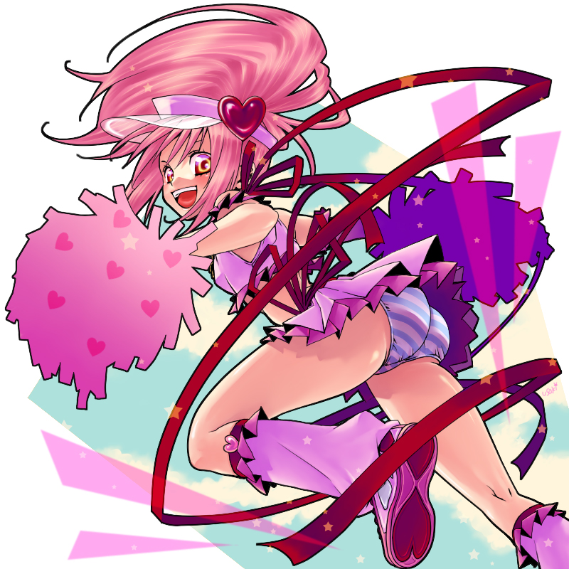 namisaki yuka, amulet heart, hinamori amu, shugo chara!, 1girl, boots, female focus, loose socks, magical girl, panties, pink boots, socks, solo, striped clothes, striped panties, underwear