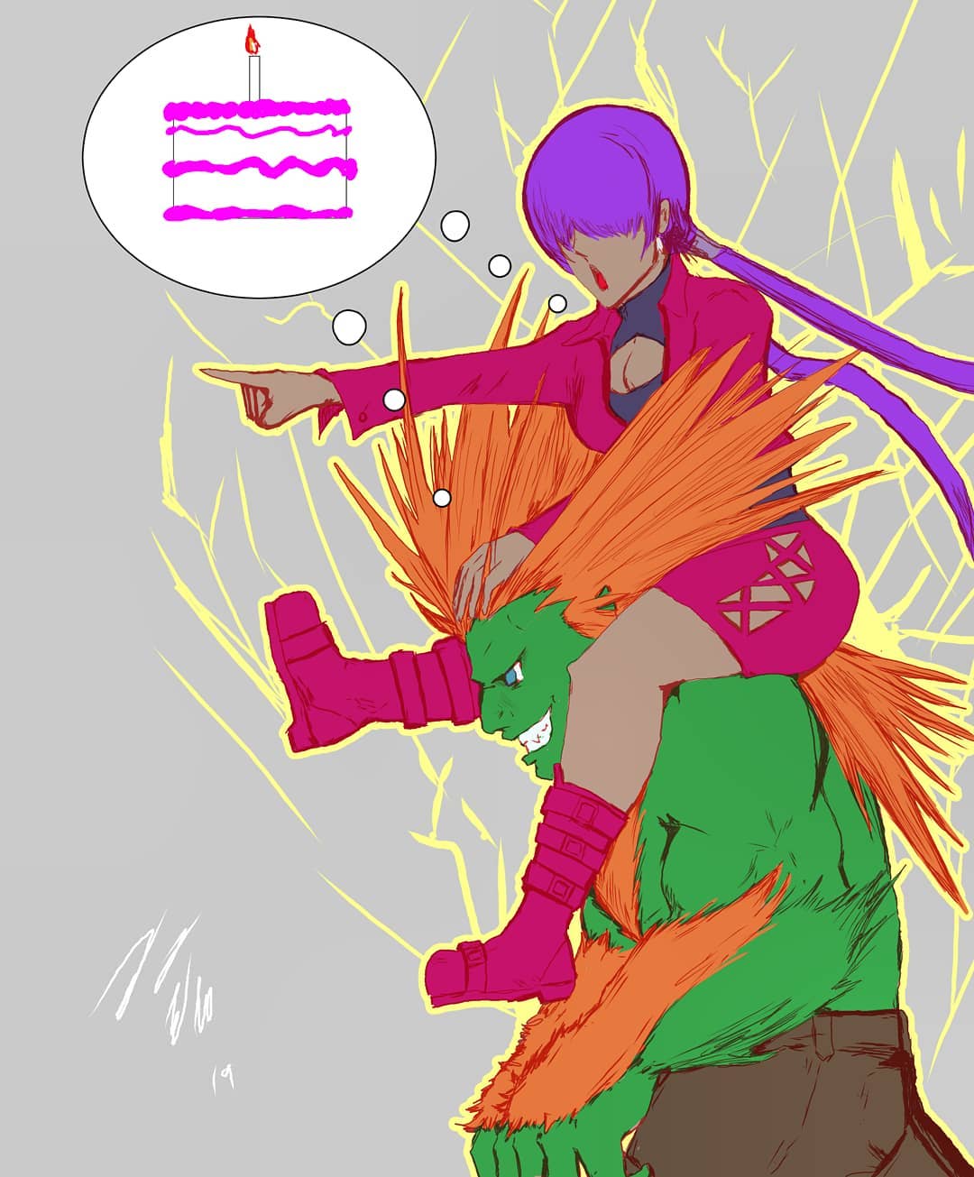 blanka, shermie (kof), street fighter, the king of fighters, 1girl, blue eyes, boots, breasts, cake, carrying, carrying person, clothing cutout, dark-skinned female, dark skin, dress, electricity, female focus, fishnets, food, hand up, jacket, large breasts, long hair, long sleeves, open mouth, orange hair, ponytail, purple hair, skirt, smile, smiley face, standing, tan, taurence bell, thick thighs, thighs, thunder, very long hair, wide hips