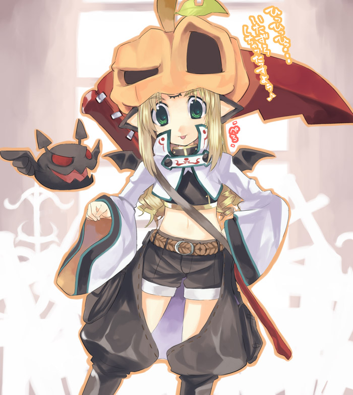 kabocha, kabocha (monkey4), original, 1girl, :p, blonde hair, female focus, green eyes, midriff, pointy ears, solo, tongue, tongue out