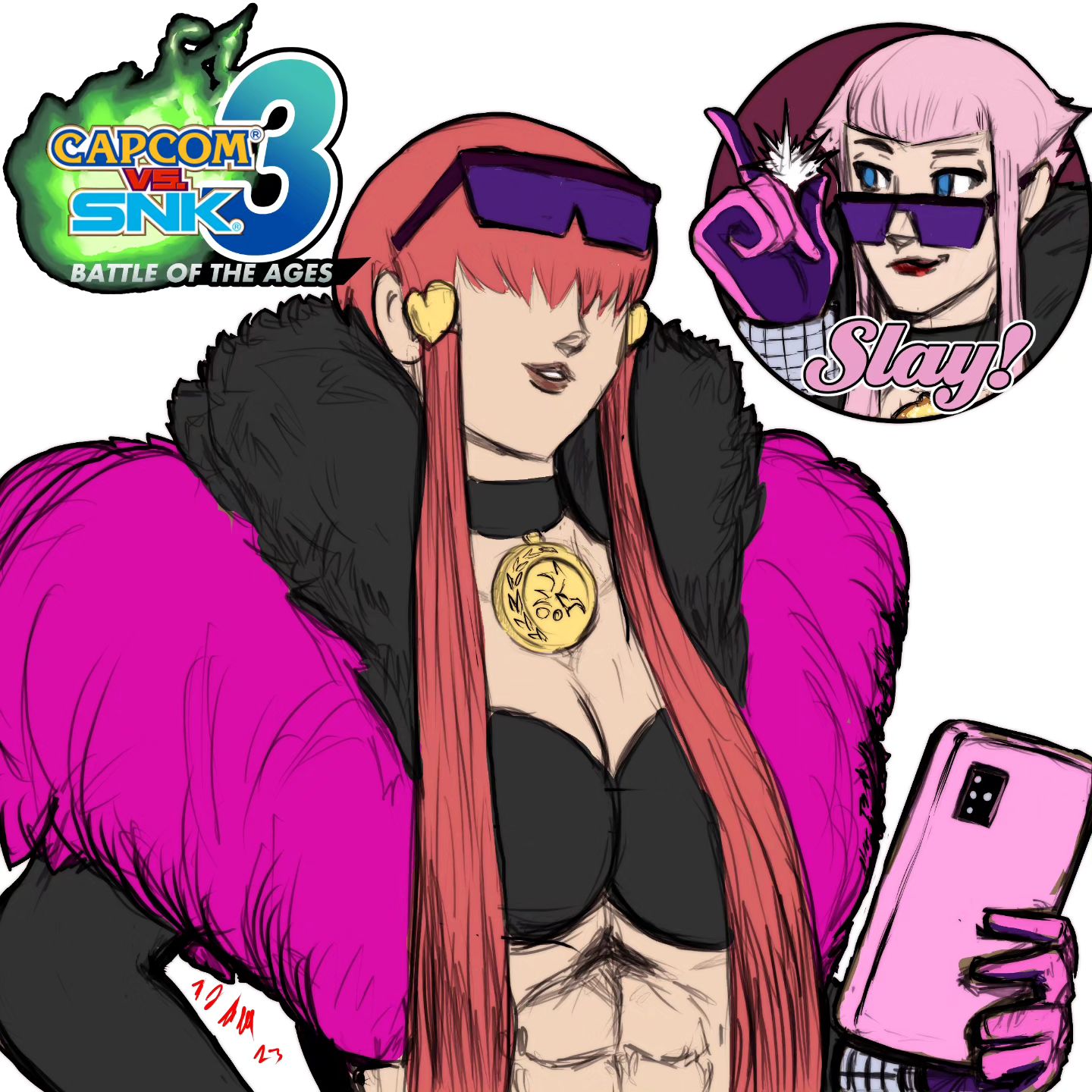 manon legrand, shermie (kof), street fighter, the king of fighters, 1girl, breasts, cleavage, coat, english text, female focus, fluffy, glasses, hand up, heart, holding, large breasts, long hair, phone, ponytail, red hair, taurence bell, twintails