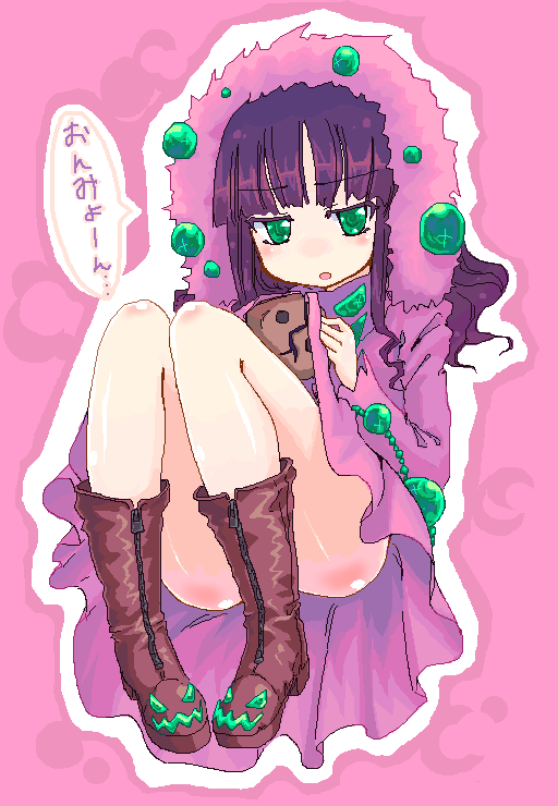 homura subaru, spiritomb, nintendo, pokemon, bad id, bad pixiv id, 1girl, boots, female focus, gen 4 pokemon, green eyes, personification, purple hair, solo