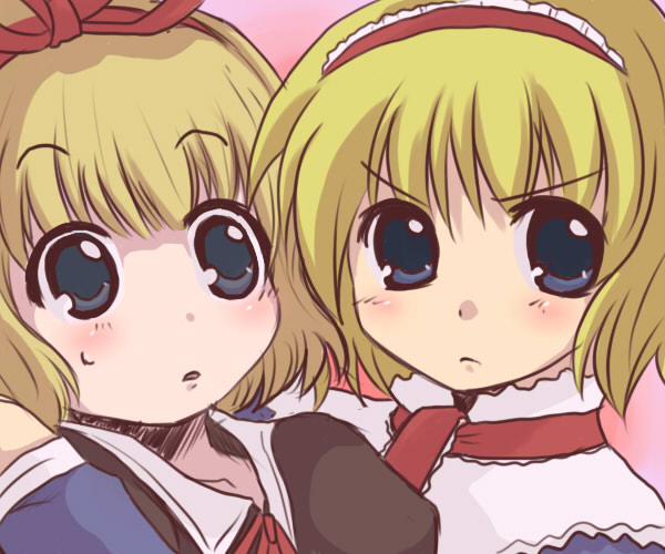 toto (hitori othello), alice margatroid, medicine melancholy, touhou, >:o, 2girls, :o, blonde hair, blue eyes, blush, capelet, close-up, collarbone, female focus, looking at viewer, multiple girls, necktie, parted lips, red necktie, short hair, sweatdrop, v-shaped eyebrows