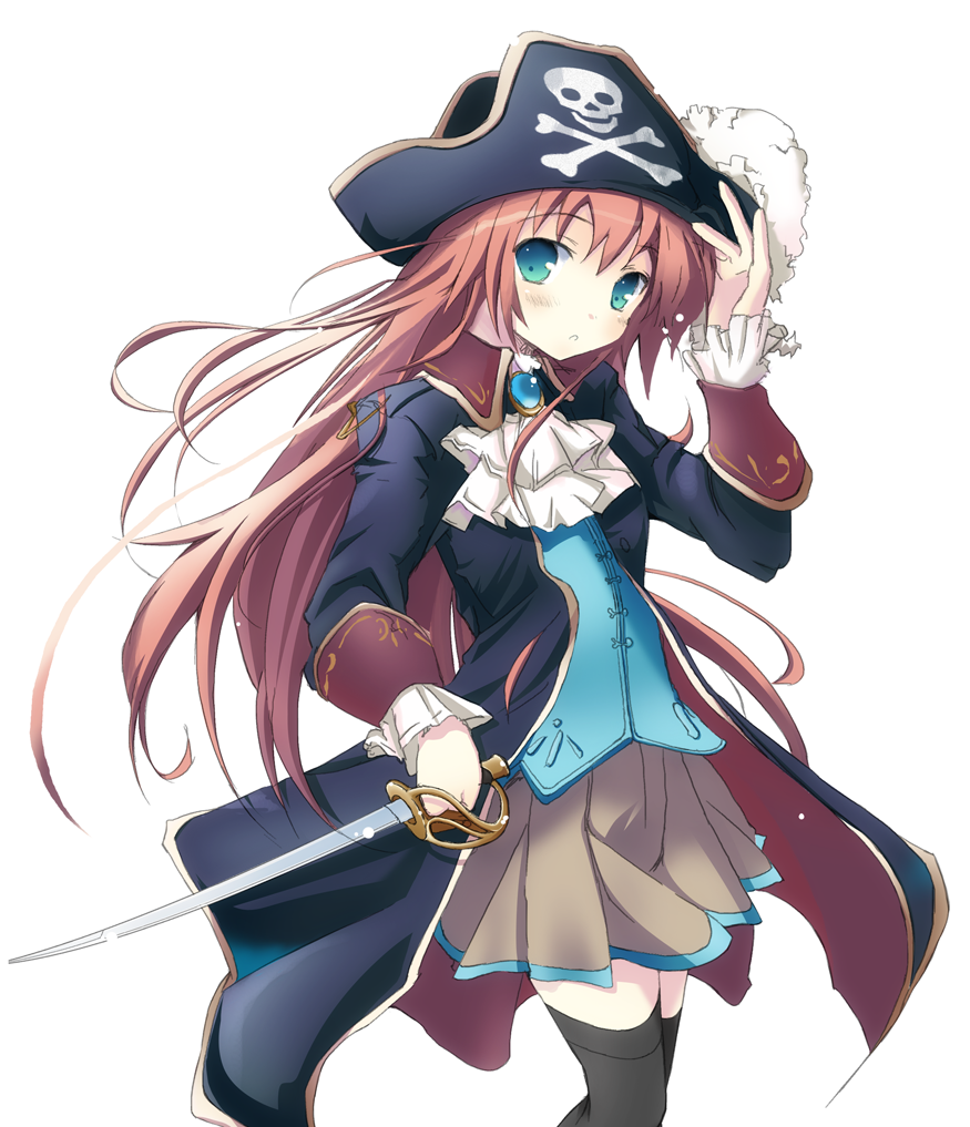 takashina masato, original, 1girl, bicorne, blue eyes, brown hair, female focus, hat, long hair, pirate, simple background, skull and crossbones, solo, sword, thighhighs, weapon, zettai ryouiki