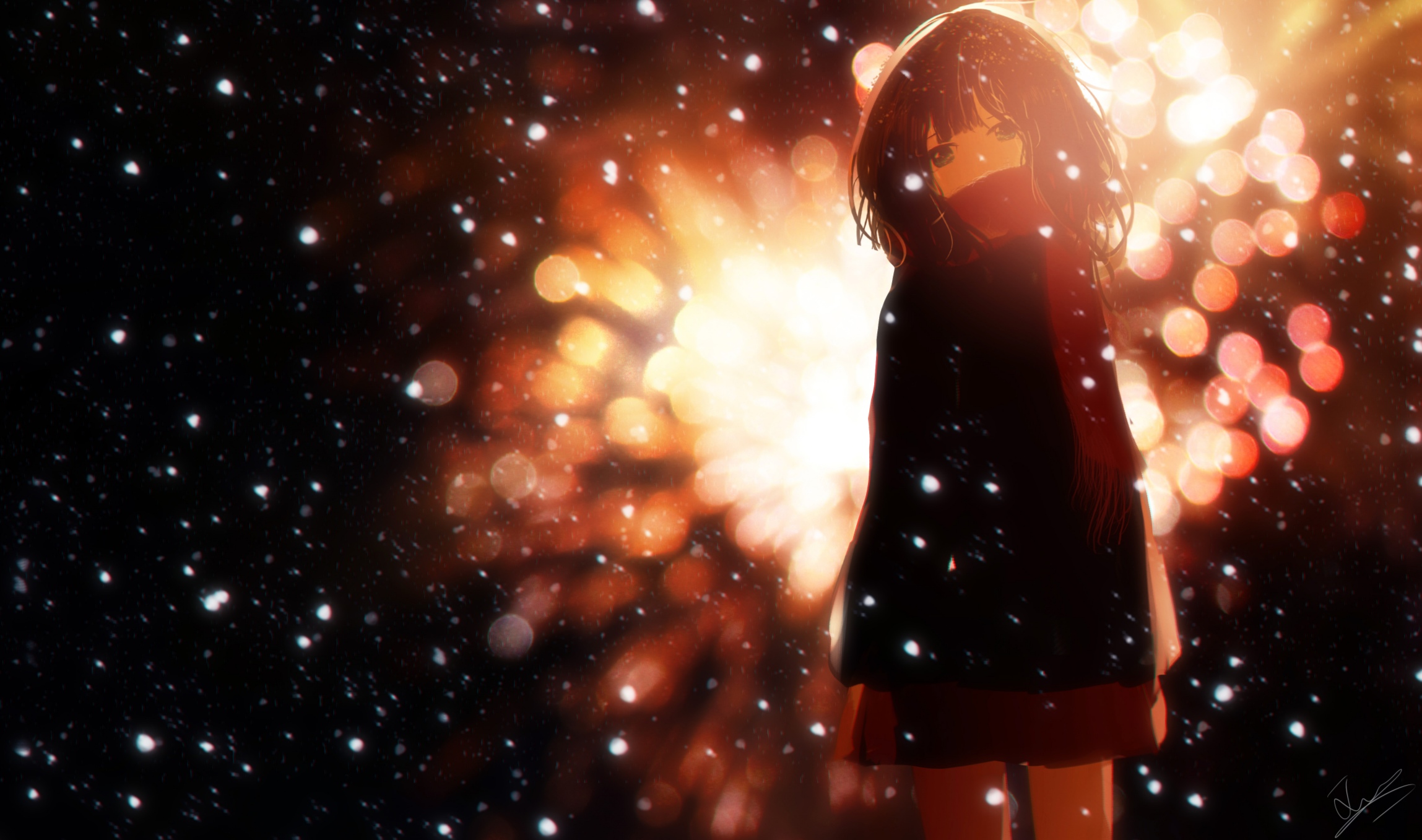 huashijw, original, highres, 1girl, aerial fireworks, backlighting, black coat, black eyes, blurry, blurry background, bokeh, brown hair, coat, covered mouth, cowboy shot, depth of field, fireworks, fringe trim, head tilt, light particles, long sleeves, looking at viewer, medium hair, miniskirt, night, night sky, outdoors, red scarf, red skirt, scarf, scarf over mouth, signature, skirt, sky, snow, snowing, solo, standing, winter, winter clothes