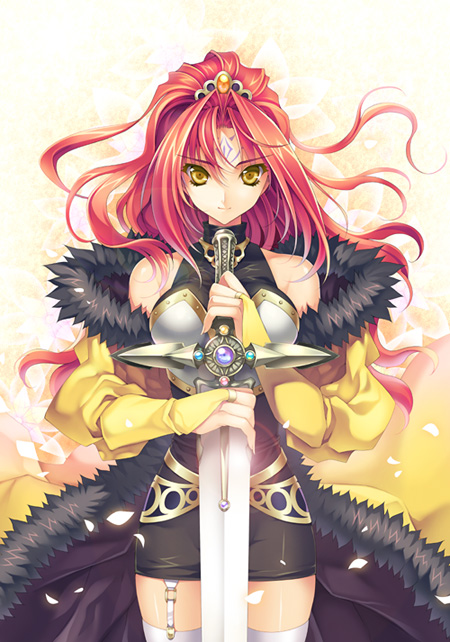 riv (rivleaf), original, 1girl, brown eyes, female focus, jewelry, long hair, red hair, solo, sword, thighhighs, weapon