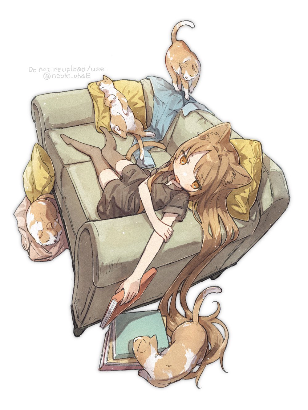 neoki ohae, original, commentary request, highres, 1girl, animal ear fluff, animal ears, book, book stack, brown dress, brown hair, brown thighhighs, cat, cat ears, cat girl, cat tail, couch, dress, full body, hand on own arm, head on pillow, holding, holding book, jitome, long hair, lying, no shoes, on back, on couch, open mouth, orange cat, orange eyes, pillow, short sleeves, simple background, tail, thighhighs, very long hair, white background